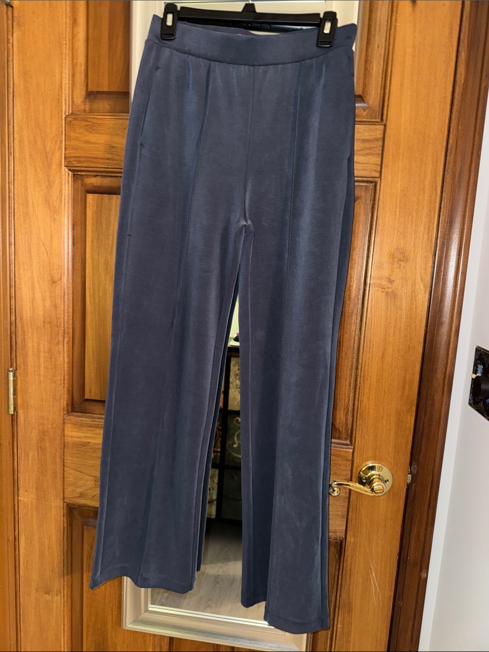 Wide Leg Velvet-Look Pants in Slate Blue